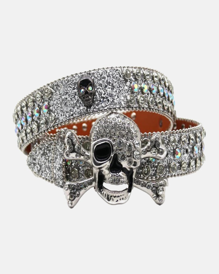 Ceinture Slim Unisexe Argentée à Strass et Motif Tête de Mort - Style Rock Streetwear