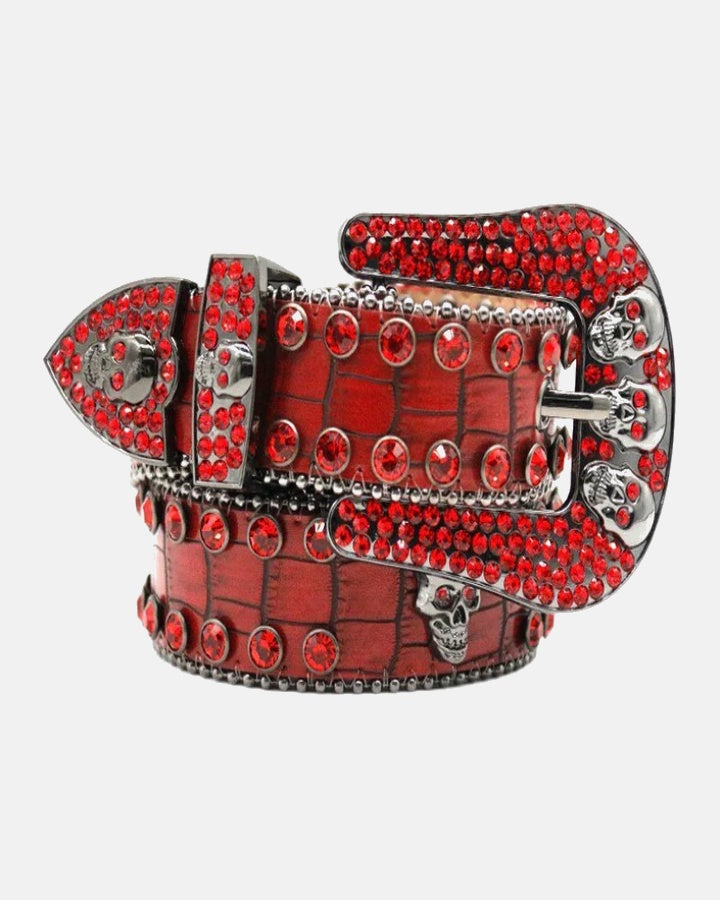 Ceinture Unisexe Rouge à Strass et Motifs Têtes de Mort – Style Rock Streetwear