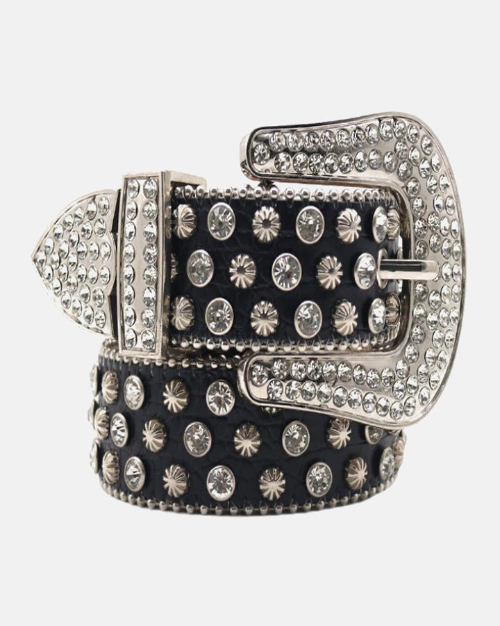 Ceinture Unisexe Noire à Strass et Clous Fleuris – Style Rock Streetwear