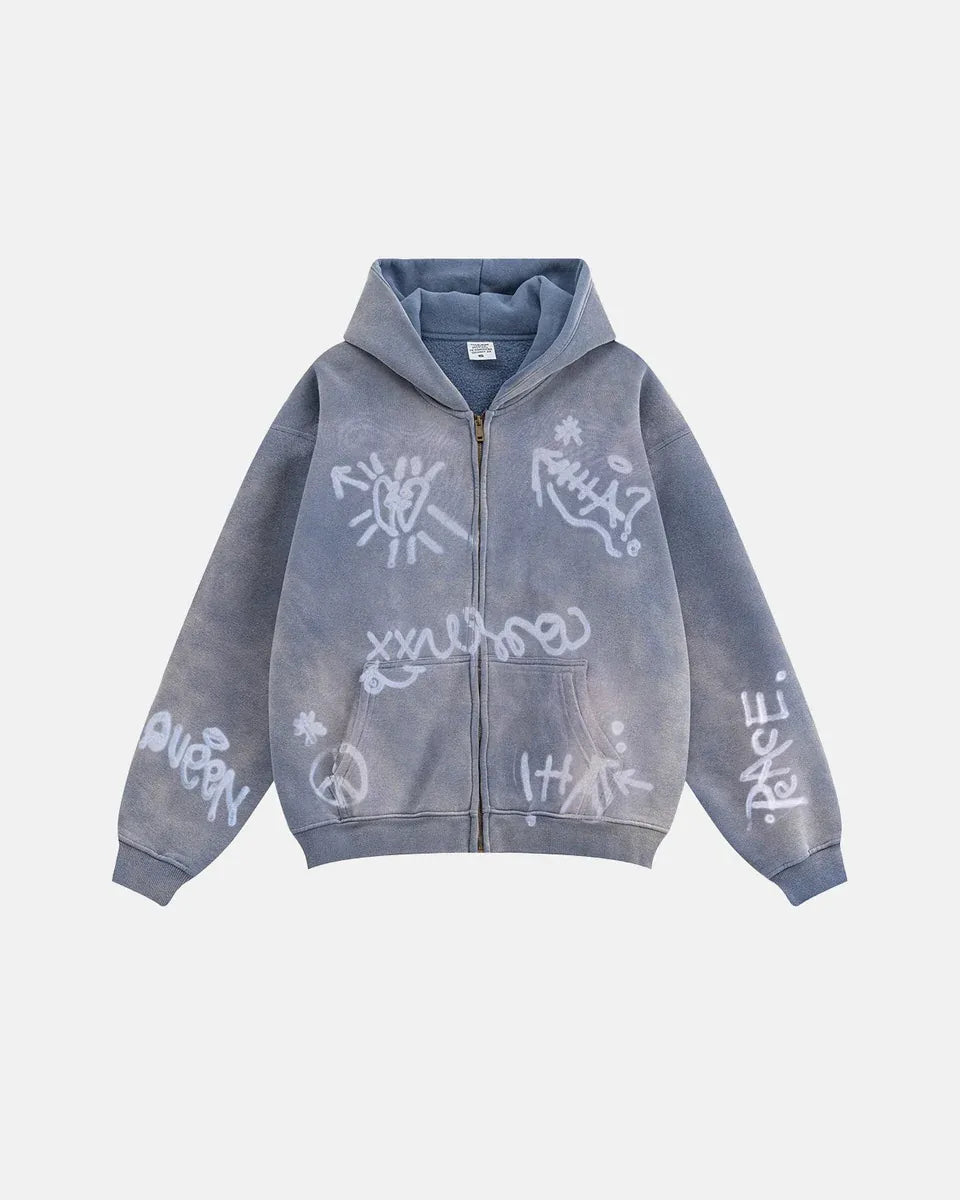 Sweat à Capuche Zippé Oversize Homme Effet Délavé avec Motif Graffiti