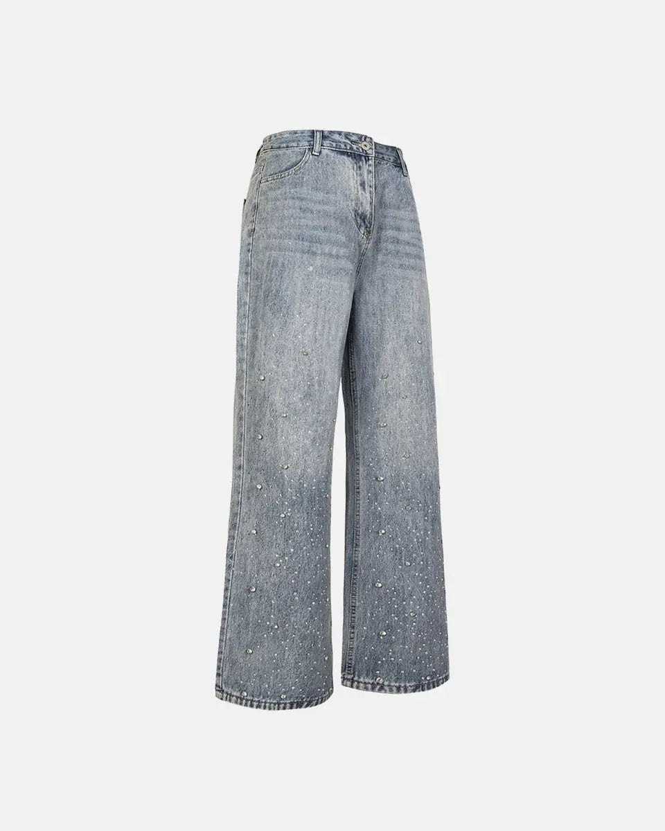 Jean Baggy Femme Orné de Strass – Coupe Large Délavé Streetwear