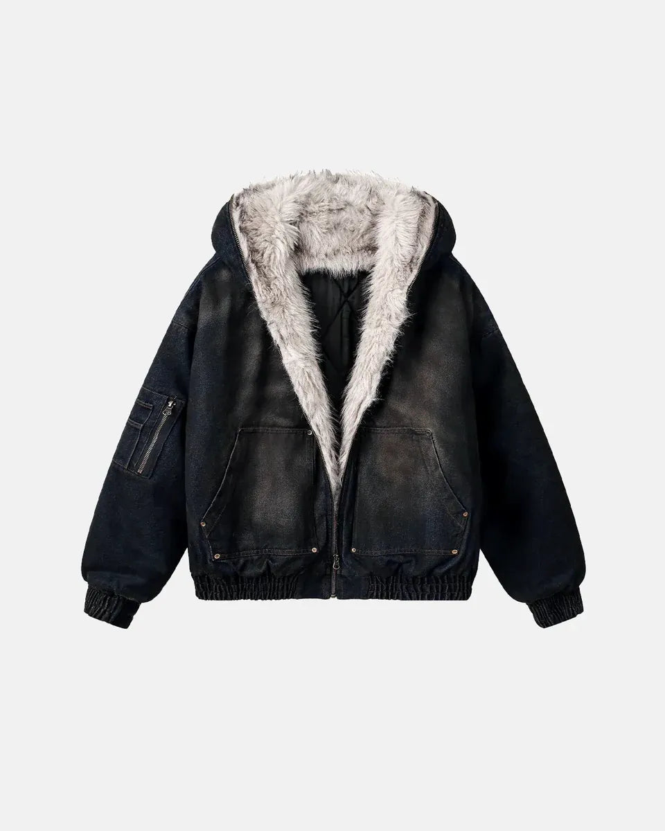 Veste Bomber Oversize Homme Effet Délavé avec Doublure Fausse Fourrure