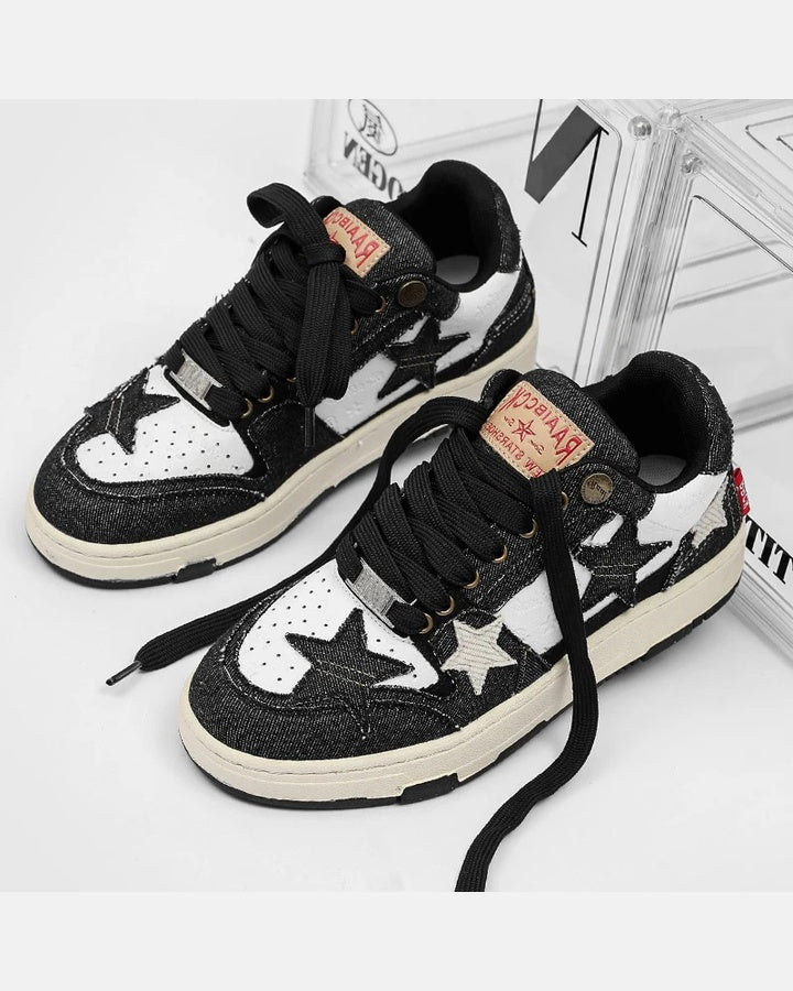Sneakers Basses Unisexe en Toile Denim à Appliqués Étoiles Contrastés
