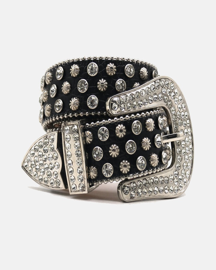 Ceinture Unisexe Noire à Strass et Clous Fleuris – Style Rock Streetwear