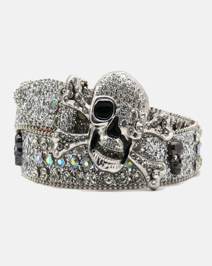 Ceinture Slim Unisexe Argentée à Strass et Motif Tête de Mort - Style Rock Streetwear