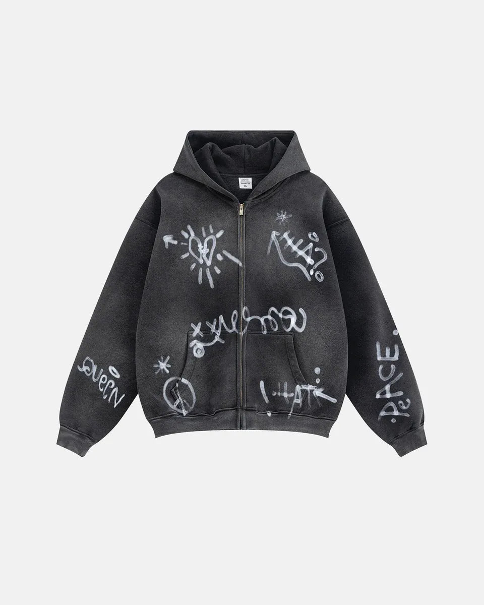 Sweat à Capuche Zippé Oversize Homme Effet Délavé avec Motif Graffiti
