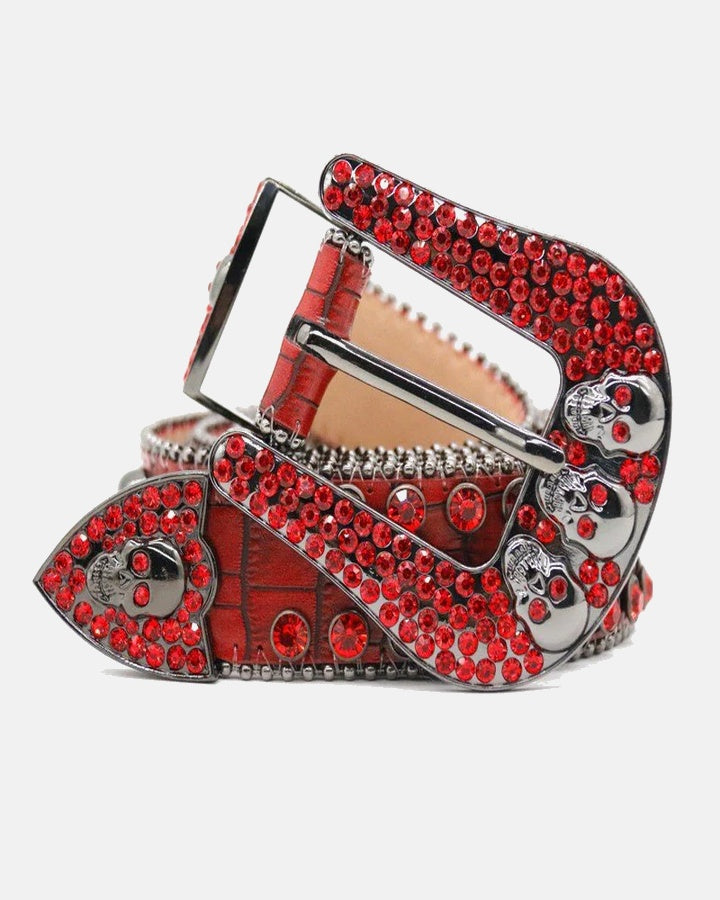 Ceinture Unisexe Rouge à Strass et Motifs Têtes de Mort – Style Rock Streetwear