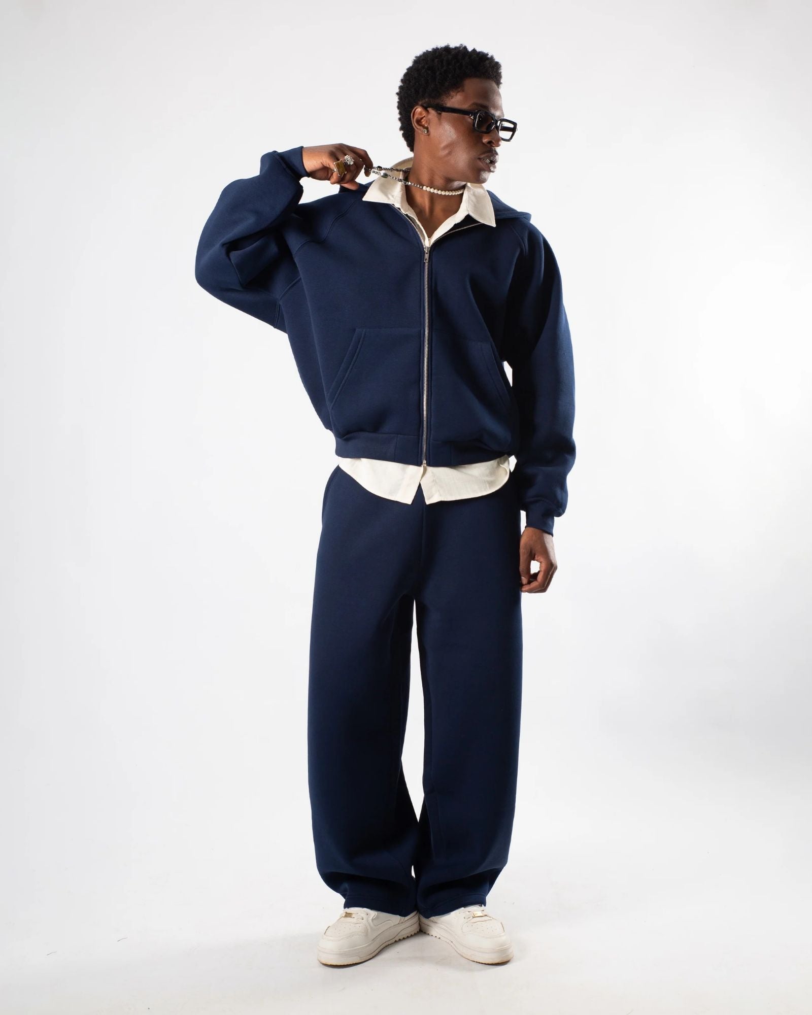 Sweat à Capuche Zippé Oversize Unisexe Bleu Marine